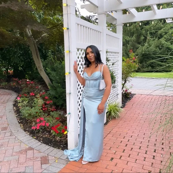fitted lace wedding dress Anderson Maxi Dress, in Steel Blue Luxe Satin, Size: 2XL | Show Me Your Mumu main image 1